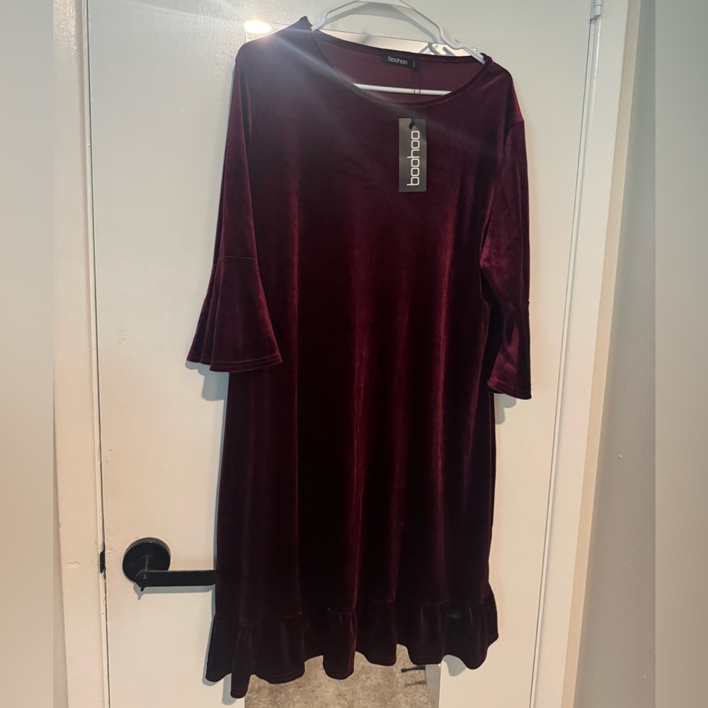 Boohoo Women's Burgundy Autumn Fall Mod Plus Size Boho Dress Size 16 NWT